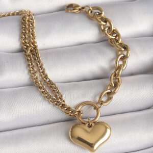 Tegan 316L Çelik Gold Renk 2'Li Zincir Model Kalp Figür Kadın Bileklik TG27BB6727