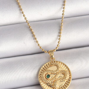 Tegan 316L Çelik Gold Renk Topçuk Zincir Yılan İşlemeli Zirkon Taş Detaylı Madalyon Model Kadın Kolye TG27BKO9844
