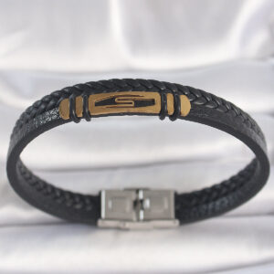 Tegan 316L Çelik Gold Renk Aksesuarlı Çift Sıra Siyah Burgu Desenli Deri Kordon Erkek Bileklik TG27EB3710