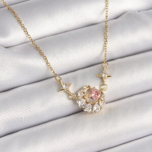 Tegan 316L Çelik Gold Renk Zirkon Taşlı Hilal Pembe Kalp Model Kadın Kolye TG27BKO9932