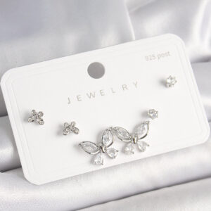 Tegan 925 Ayar Gümüş Çivi Pirinç Gümüş Renk Zirkon Taşlı Kelebek Model Kadın Küpe Seti TG27BKP10404