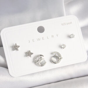 Tegan 925 Ayar Gümüş Çivi Zirkon Taşlı Hilal Yıldız Model Kadın Küpe Seti TG27BKP10399