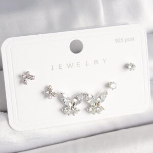 Tegan 925 Ayar Gümüş Çivi Pirinç Zirkon Taşlı Kelebek Model Kadın Küpe Seti TG27BKP10402