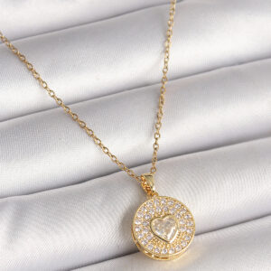 Tegan 316L Çelik Gold Renk Zincir Madalyon Zirkon Taşlı Kalp Model Kadın Kolye TG27BKO9946