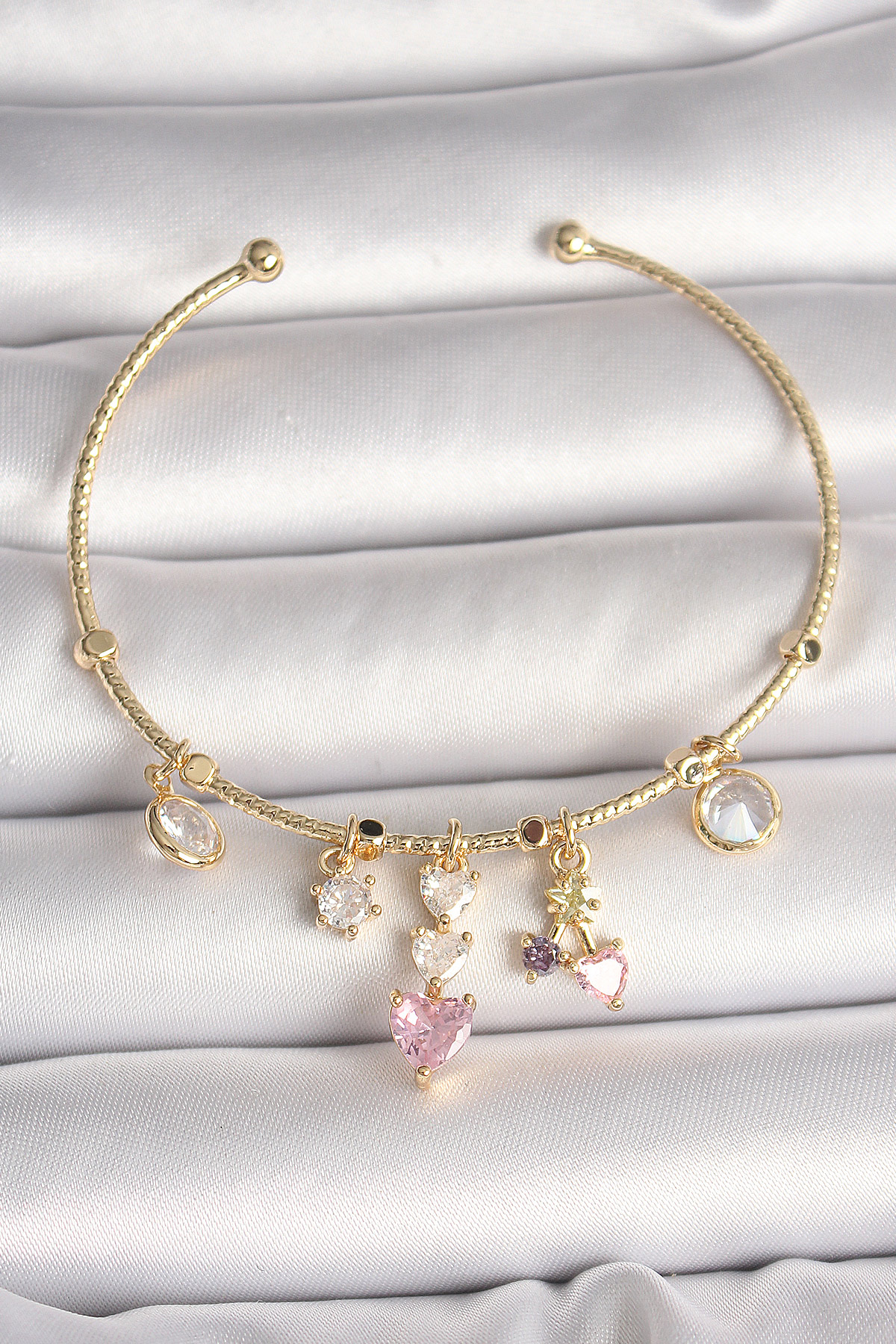 Tegan Pirinç Gold Renk Sallantı Zirkon Taşlı Kalp Figür Pembe Kalp Detay Charm Kadın Bileklik TG27BB6897 - Görsel 1