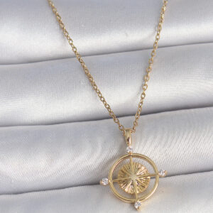 Tegan 316L Çelik Gold Renk Zincir Zirkon Taşlı Pusula Model Kadın Kolye TG27BKO10039