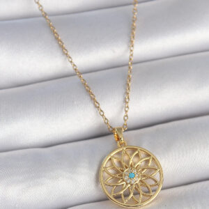 Tegan 316L Çelik Gold Renk Zincr Mavi Taşlı Lotus Model Kadın Kolye TG27BKO10061