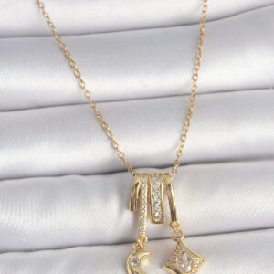 Tegan 316L Çelik Gold Renk Zirkon Taşlı Sallantı Ay Yıldız Figür Charm Kadın Kolye TG27BKO10101