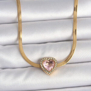 Tegan 316L Çelik Gold Renk İtalyan Zincir Pembe Zirkon Taşlı Kalp Model Kadın Kolye TG27BKO10120