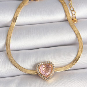 Tegan 316L Çelik Gold Renk İtalyan Zincir Pembe Zirkon Taşlı Kalp Model Kadın Bileklik TG27BB6952