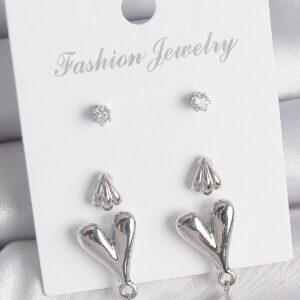 Tegan Pirinç Gümüş Renk Zirkon Taşlı Sallantılı Kalp Model 3 Çift Kadın Küpe Seti TG27BKP10592