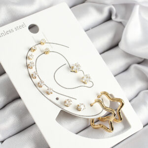 Tegan 316L Çelik Yıldız Figürlü Ve Zirkon Taşlı Gold Renk 7'li Çift Kadın Küpe Set TG27BKP10640