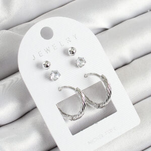 Tegan Pirinç Zirkon Taş Ve Halka Figürlü Gümüş Renk 3'lü Çift Kadın Küpe Set TG27BKP10649