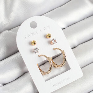 Tegan Pirinç Zirkon Taş Ve Halka Figürlü Gold Renk 3'lü Çift Kadın Küpe Set TG27BKP10652