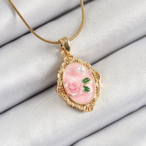 Tegan 316L Çelik Zincir Pembe Sanatsal Portre İnci Detaylı Gül Figürlü Model Gold Renk Kadın Kolye TG27BKO10281
