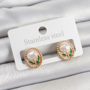 Tegan Pirinç Pembe Mineli Lale Figürlü Sanatsal Portre Model Gold Renk Kadın Küpe TG27BKP10672