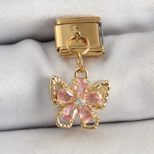 Tegan 316L Çelik Sallantılı Zirkon Taşlı Çiçek Figürlü Kelebek Model Gold Renk Nomination Charm TG27BC1419