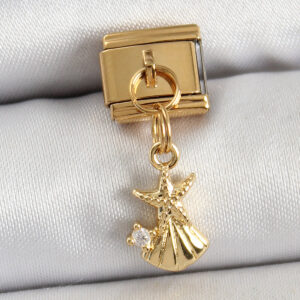 Tegan 316L Çelik Sallantılı Zirkon Taşlı Deniz Yıldızı Ve İstiridye Model Gold Renk Nomination Charm TG27BC1438