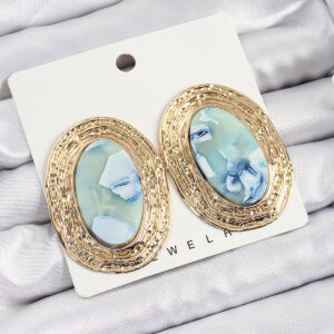 Tegan Pirinç Mermer Desenlli Mavi Sedef Oval Vintage Model Gold Renk Kadın Küpe TG27BKP10777