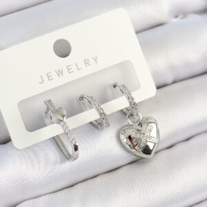 Tegan Pirinç Zirkon Taşlı Kalp Model Gümüş Renk 3'lü Çift Kadın Küpe Set TG27BKP10801