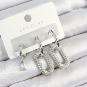 Tegan Pirinç Zirkon Taşlı Dikdörtgen Model Gümüş Renk 3'lü Çift Kadın Küpe Set TG27BKP10802