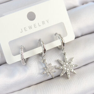 Tegan Pirinç Zirkon Taşlı Kutup Yıldızı Model Gümüş Renk 3'lü Çift Kadın Küpe Set TG27BKP10807