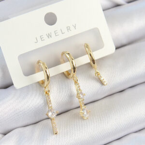 Tegan Pirinç Zirkon Taşlı Sallantılı Model Gold Renk 3'lü Çift Kadın Küpe Set TG27BKP10829