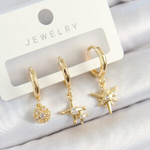 Tegan Pirinç Zirkon Taşlı Yıldız Model Gold Renk 3'lü Çift Kadın Küpe Set TG27BKP10837