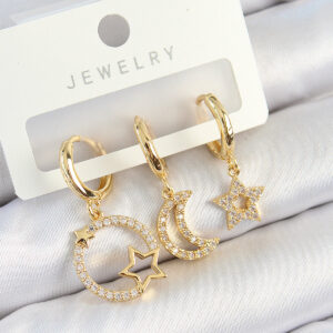 Tegan Pirinç Zirkon Taşlı Yıldız Ve Ay Model Gold Renk 3'lü Kadın Küpe Set TG27BKP10819
