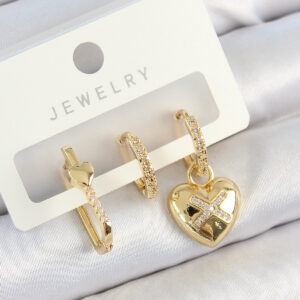 Tegan Pirinç Zirkon Taşlı Kalp Model Gold Renk 3'lü Çift Kadın Küpe Set TG27BKP10825