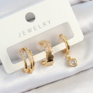 Tegan Pirinç Zirkon Taşlı Halka Model Gold Renk 3'lü Çift Kadın Küpe Set TG27BKP10838