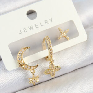 Tegan Pirinç Zirkon Taşlı Çiçek Ve Ay Model Gold Renk 3'lü Çift Kadın Küpe Set TG27BKP10827