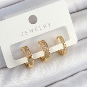 Tegan Pirinç Zirkon Taşlı Halka Model Gold Renk 3'lü Çift Kadın Küpe Set TG27BKP10838