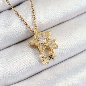 Tegan 316L Çelik Zirkon Taşlı Sallantılı Yıldız Model Gold Renk Kadın Kolye TG27BKO10361