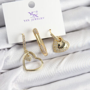 Tegan Pirinç Zİrkon Taşlı Kalp Model Gold Renk 3'lü Kadın Küpe TG27BKP10948