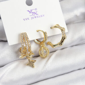 Tegan Pirinç Zİrkon Taşlı Sallantılı Yıldız Model Gold Renk 3'lü Kadın Küpe TG27BKP10940