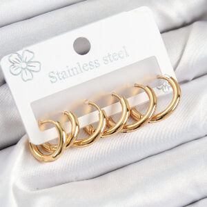 Tegan 316L Çelik Halka Model Gold Renk 3'lü Set Kadın Küpe TG27BKP10983