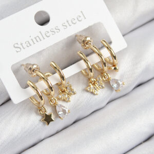 Tegan Pirinç Zirkon Taşlı Yıldız Ve Kelebek Model Gold Renk Kadın Küpe TG27BKP11108