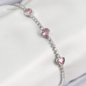 Tegan Pirinç Zirkon Taşlı Pembe Kalp Model Gümüş Renk Kadın Bileklik TG27BB7698