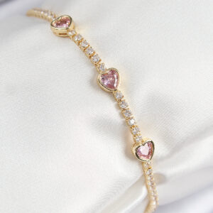 Tegan Pirinç Zirkon Taşlı Pembe Kalp Model Gold Renk Kadın Bileklik TG27BB7687