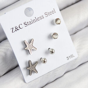 Tegan 316L Çelik Zirkon Taşlı Deniz Yıldızı Model Gümüş Renk Kadın Set Küpe TG27BKP11120