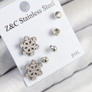 Tegan 316L Çelik Zirkon Taşlı Kar Tanesi Model Gümüş Renk Kadın Set Küpe TG27BKP11121