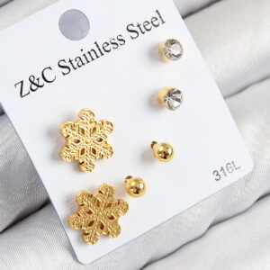 Tegan 316L Çelik Zirkon Taşlı Kar Tanesi Model Gold Renk Kadın Set Küpe TG27BKP11122