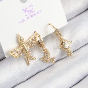 Tegan Pirinç Zirkon Taşlı 3'lü Kuş Model Gold Renk Kadın Küpe TG27BKP11140