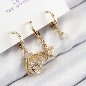 Tegan Pirinç Zirkon Taşlı 3'lü İstiridye Ve Yıldız Model Gold Renk Kadın Küpe TG27BKP11144