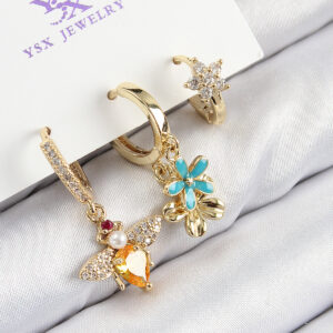Tegan Pirinç Zirkon Taşlı 3'lü Arı Ve Çiçek Model Gold Renk Kadın Küpe TG27BKP11143