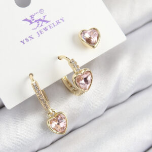 Tegan Pirinç Zirkon Taşlı 3'lü Pembe Kalp Model Gold Renk Kadın Küpe TG27BKP11147