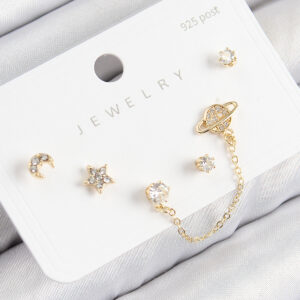 Tegan Pirinç Zirkon Taşlı Yıldız Ve Gezegen Model Gold Renk 925 Ayar Gümüş Çivi Kadın Küpe Set TG27BKP11154