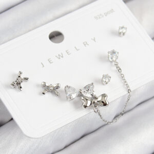 Tegan Pirinç Zirkon Taşlı Fiyonk Model Gümüş Renk 925 Ayar Gümüş Çivi Kadın Küpe Set TG27BKP11173