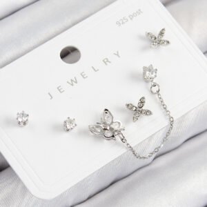 Tegan Pirinç Zirkon Taşlı Kelebek Model Gümüş Renk 925 Ayar Gümüş Çivi Kadın Küpe Set TG27BKP11181
